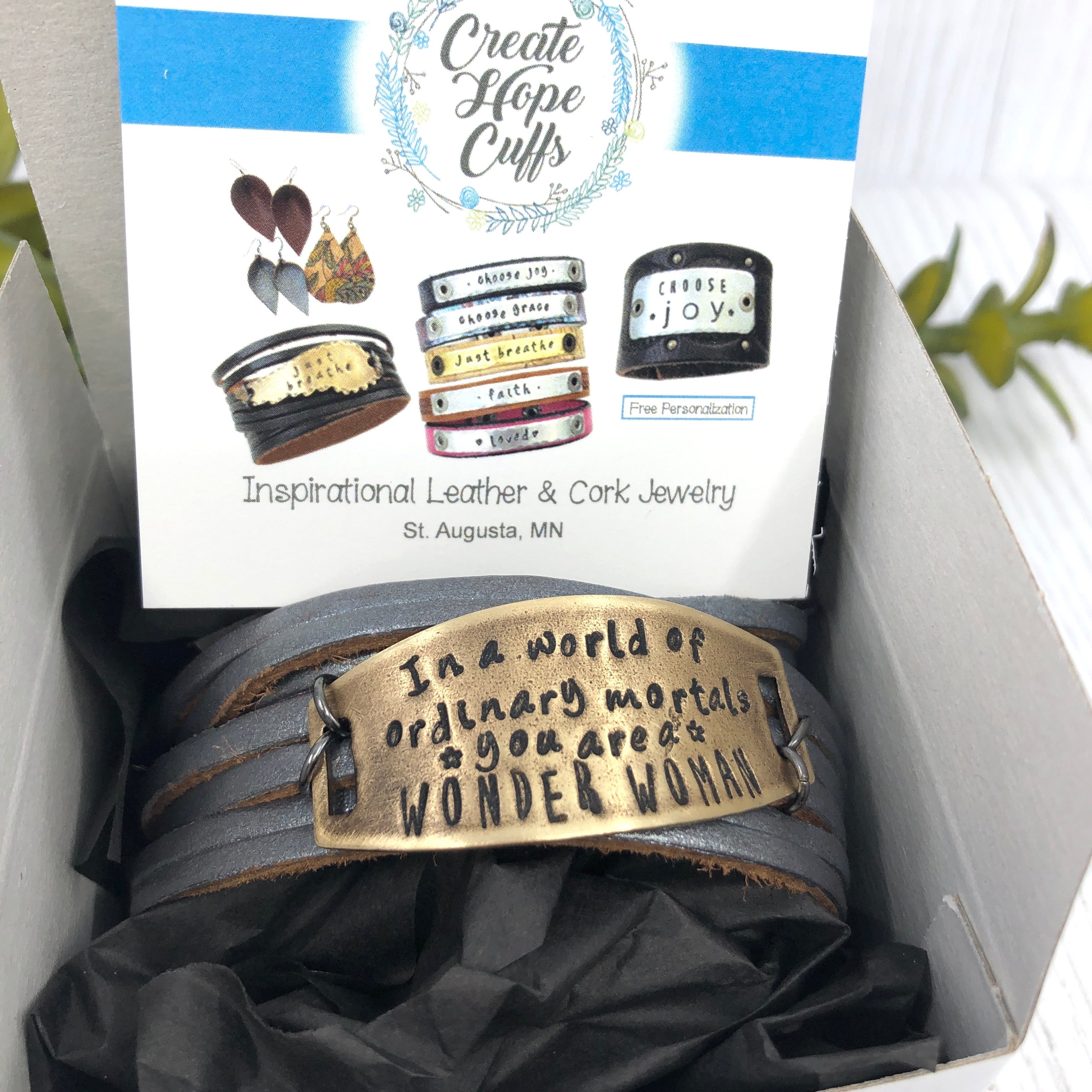 Wonder Woman Leather & Bronze Wrap Bracelet, adjustable Leather Wrap Create Hope Cuffs