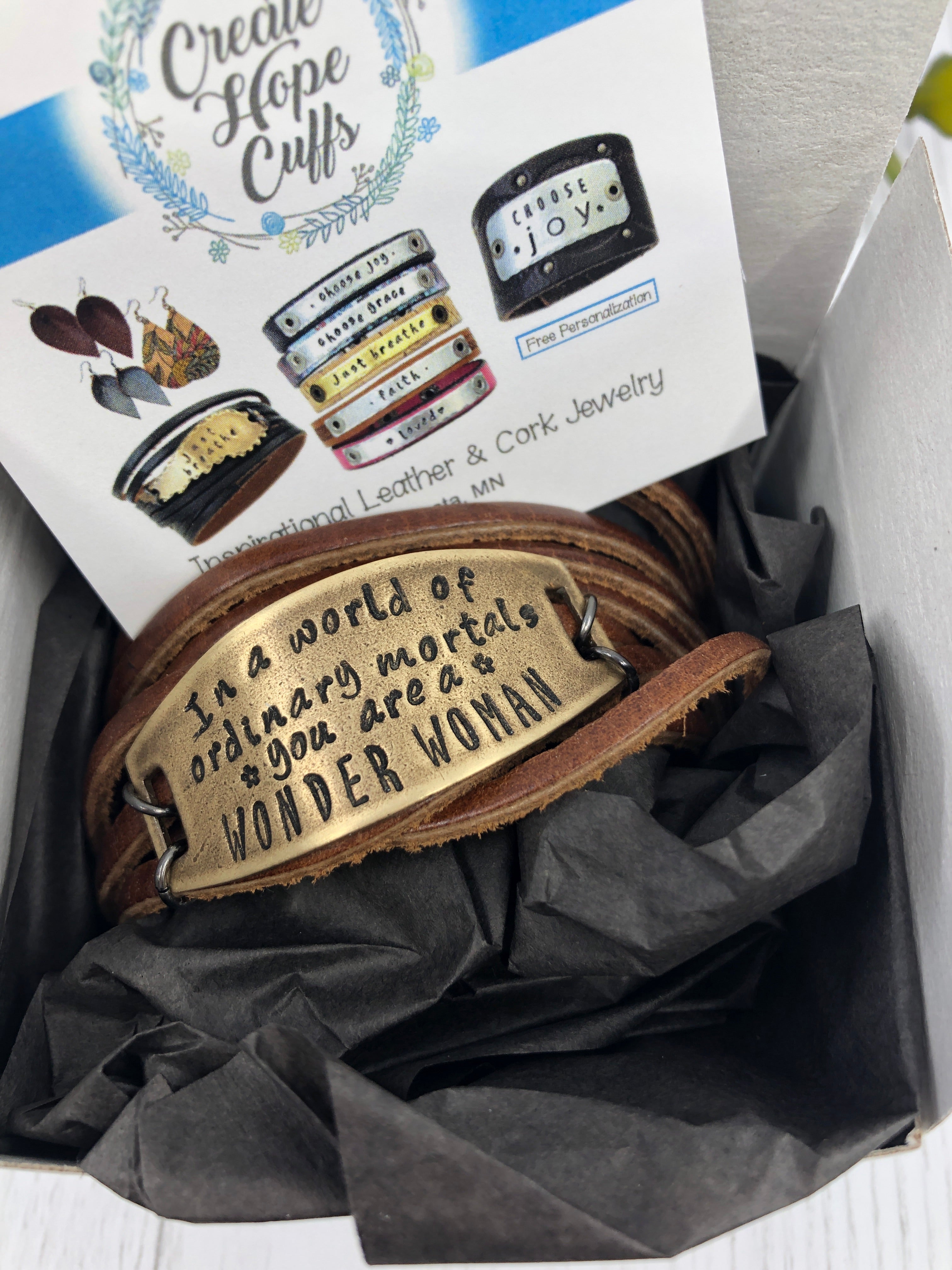 Wonder Woman Leather & Bronze Wrap Bracelet, adjustable Leather Wrap Create Hope Cuffs