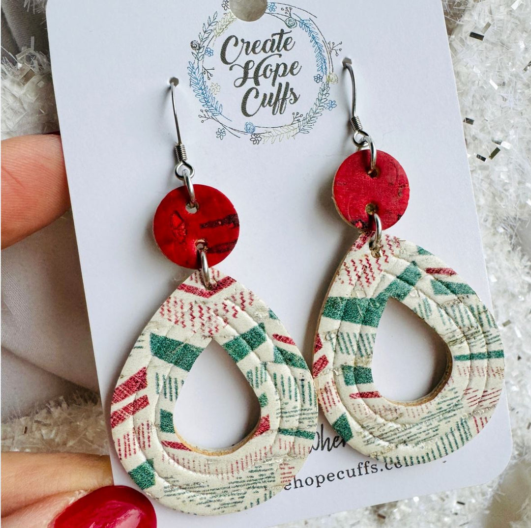 2024 Day ONE | 21 Styles | Holi-Daily Deal | Christmas Earrings SALE | Hypoallergenic | Women Leather Earrings Create Hope Cuffs Festive Vintage (Large Embossed Teardrop - red tops) 