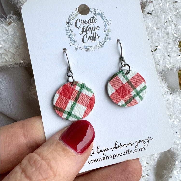 2024 Day ONE | 21 Styles | Holi-Daily Deal | Christmas Earrings SALE | Hypoallergenic | Women Leather Earrings Create Hope Cuffs Fruitcake Plaid (small circle) 