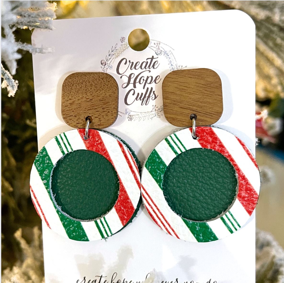 2024 Day ONE | 21 Styles | Holi-Daily Deal | Christmas Earrings SALE | Hypoallergenic | Women Leather Earrings Create Hope Cuffs Round Peppermint Stripe Stacked Circles (wood top) 