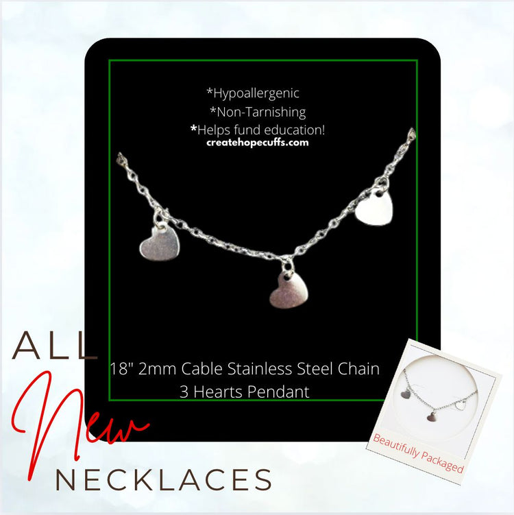 2025 DAY ONE | HOLI-DAILY | New! 2mm Hope Necklace | Stainless Steel | Choose Pendant | 18" Women Necklace Create Hope Cuffs Silver 3 Heart Pendants 