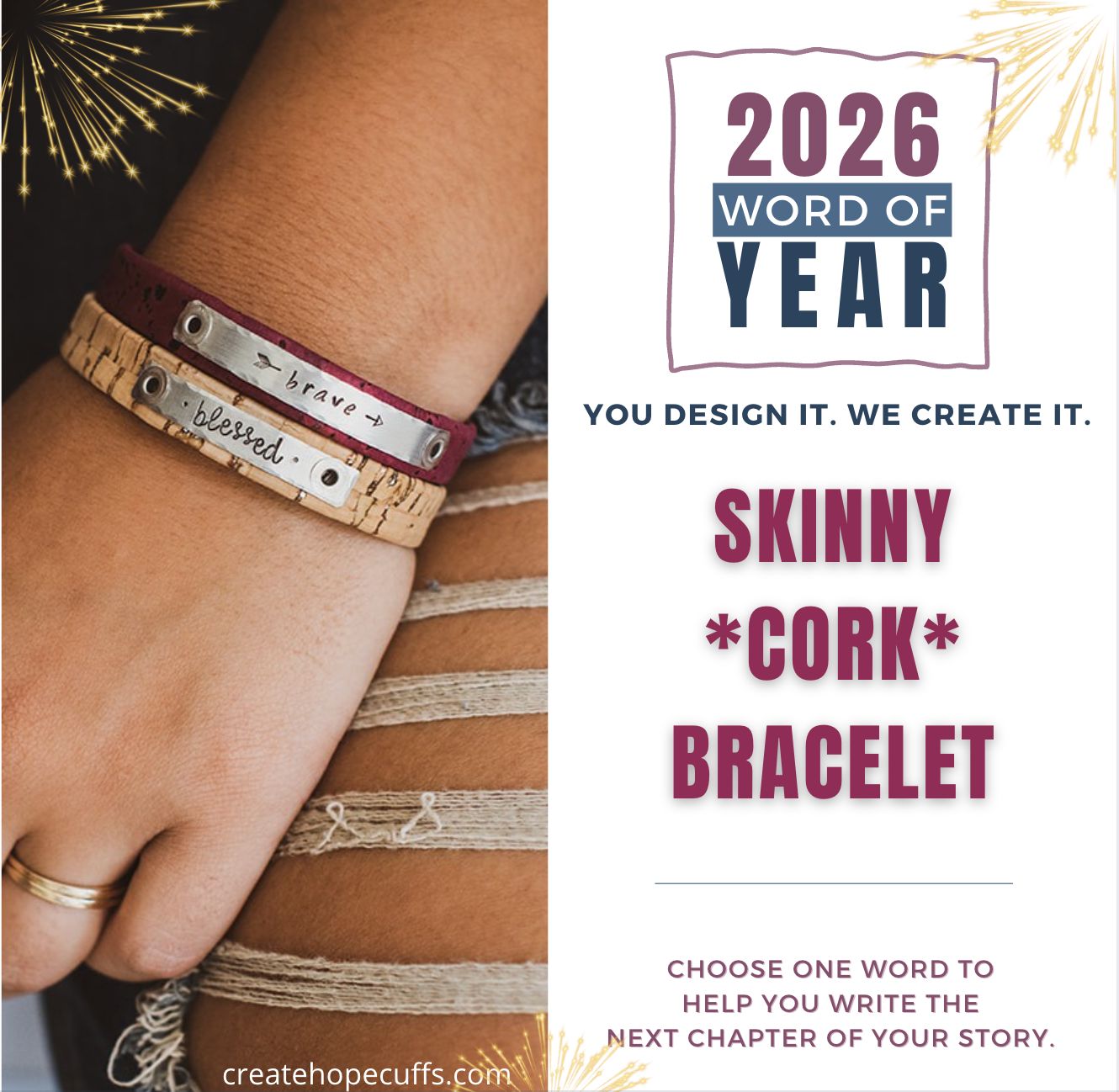 2026 WORD OF THE YEAR Cork Bracelet | Vegan ECO friendly | Womens | adjustable Skinny Bracelets Create Hope Cuffs 