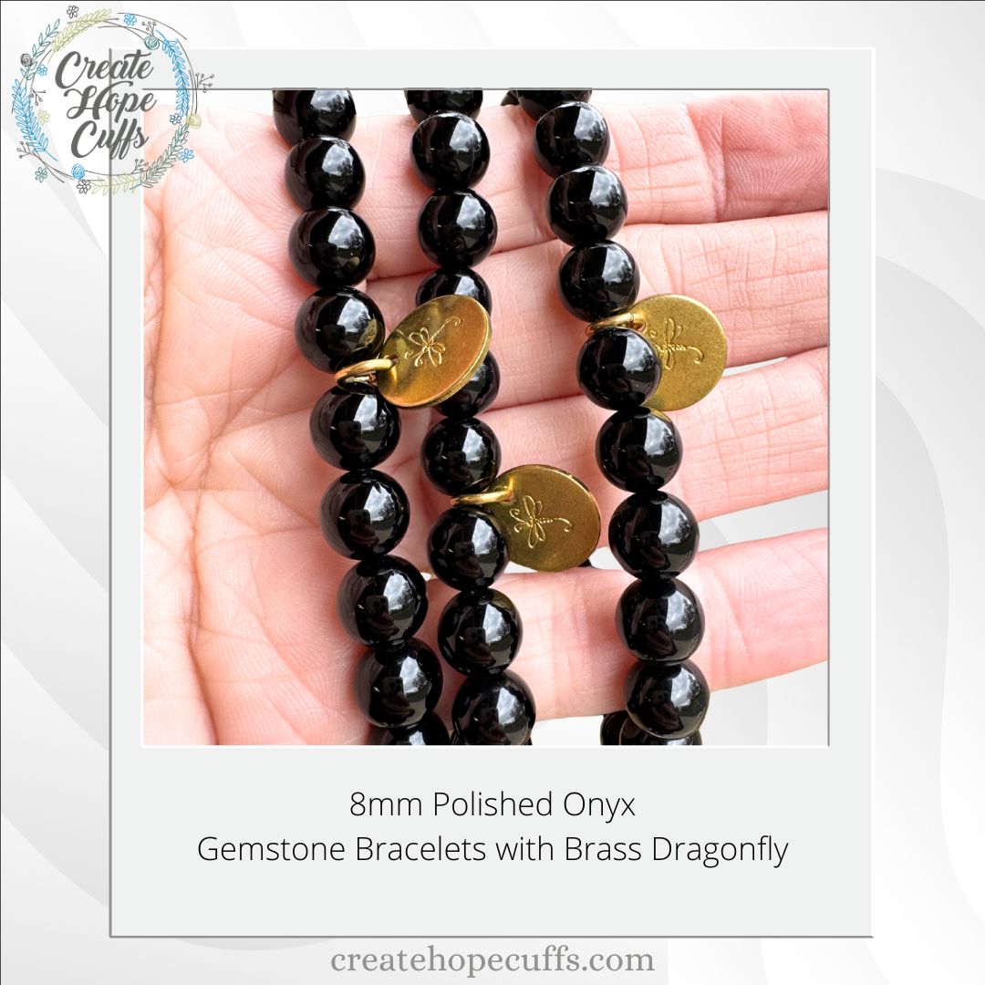 8mm Polished Black Onyx Bead Bracelet | Dragonfly Charm | 8mm | Natural Gemstone | Women Bracelets Create Hope Cuffs 