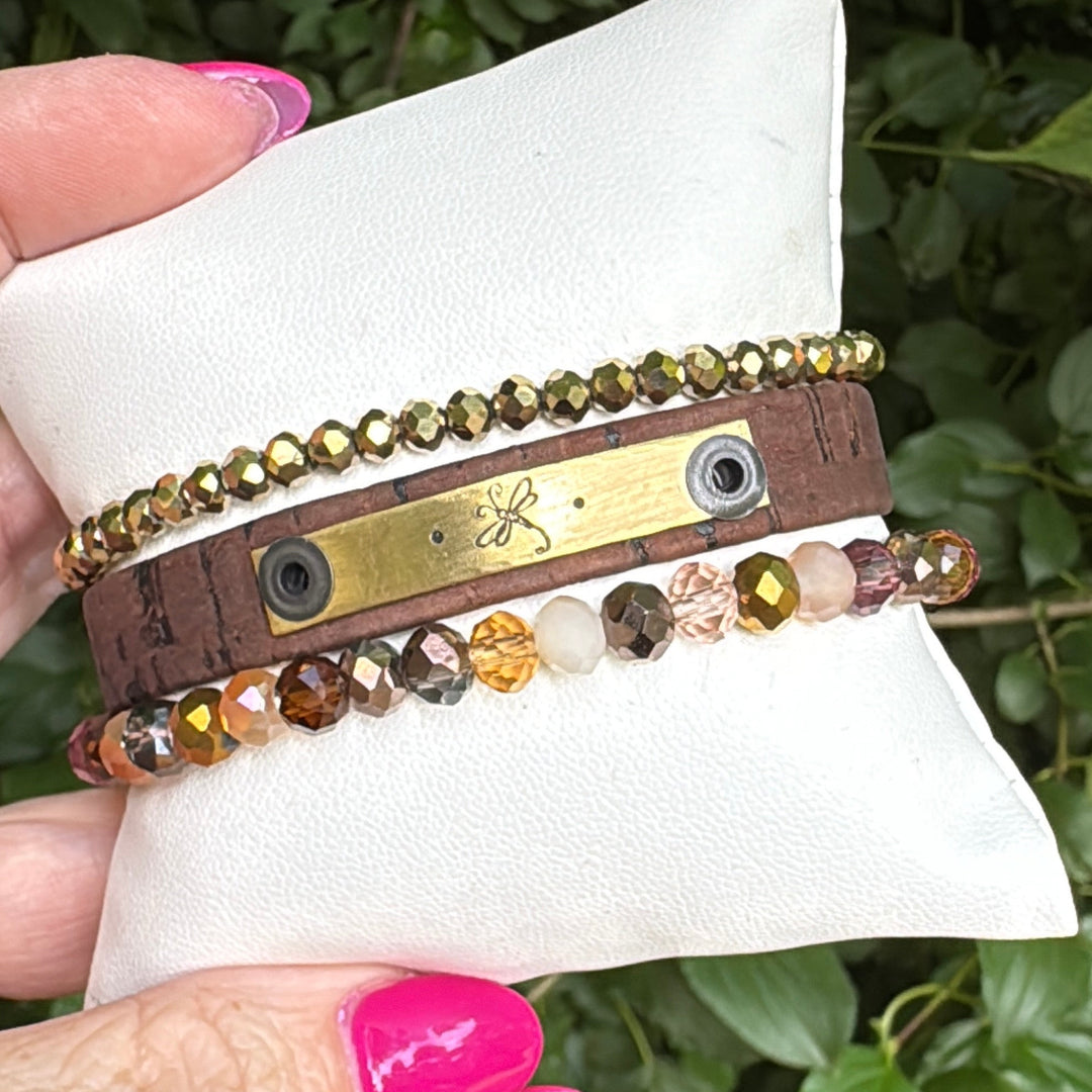 GOLDEN DRAGONFLY | Chestnut Brown Cork Skinny Set | 3 pieces | Bracelets | Women