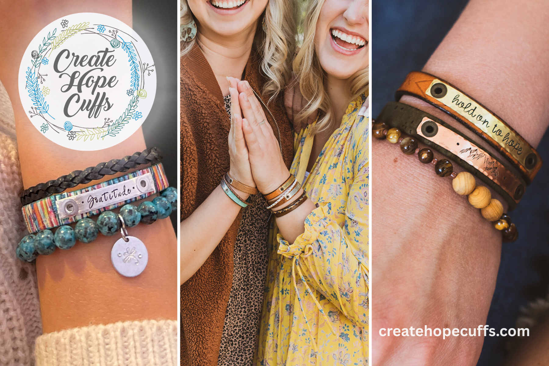 Collage of people wearingCreate Hope Cuffs with branding and website information.
