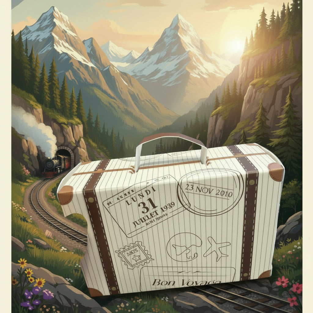 A hand with dark purple nail polish holds a small rectangular gift box designed to look like a vintage suitcase. The box has a cream-colored lined-paper background with brown stitched trim, brown corner protectors, and printed travel-themed illustrations including an airplane, passport stamp, and ticket.