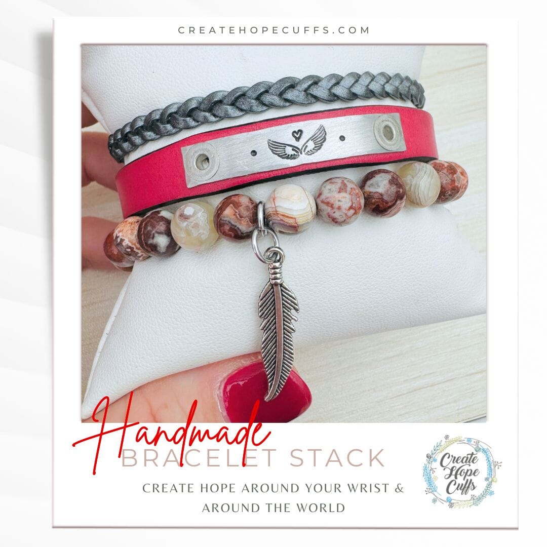 ANGEL WINGS Pink Stack | Skinny Leather Set | 3 pieces | Bracelets | Womens Skinny Bracelets Create Hope Cuffs 