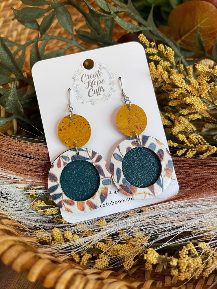 Autumn Branches | 2 Styles | Circle Leather Earrings | Hypoallergenic | Women Leather Earrings Create Hope Cuffs Double Circle with Dark Teal and Mustard 