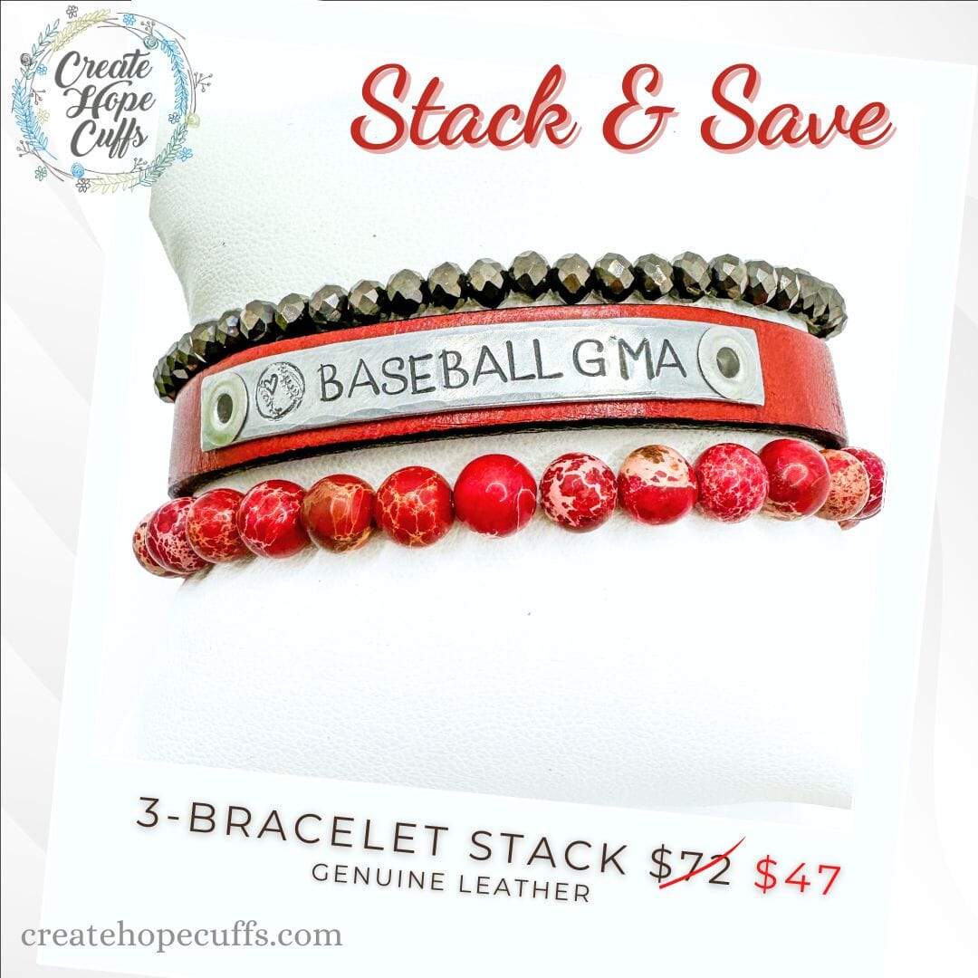 BASEBALL G'Ma Stack | Skinny Leather Stack Set | 3 pieces | Bracelets | Womens Skinny Bracelets Create Hope Cuffs 