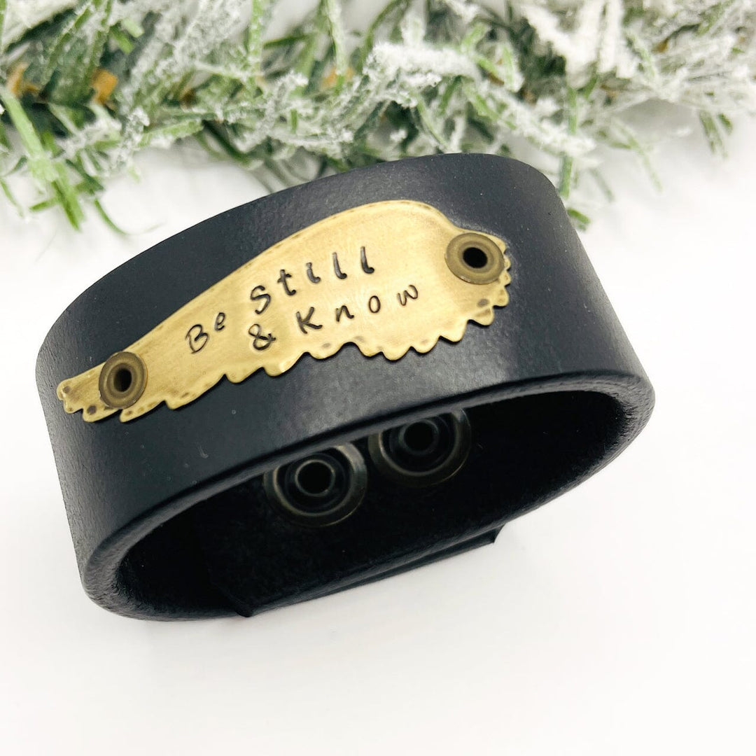 BE STILL and KNOW | Black and Bronze Wide Leather OOAK | One of A Kind | Upcycled Cuff | Adjustable | Women Leather Cuff Create Hope Cuffs 