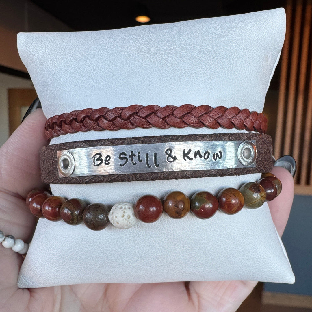 BE STILL | Dark Nordic Brown Leather Skinny Set | 3 pieces | Bracelets | Women Skinny Bracelets Create Hope Cuffs 