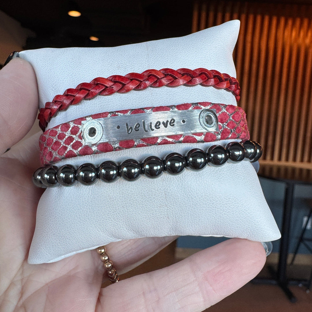 BELIEVE | Festive Red Leather Skinny Set | 3 pieces | Bracelets | Women Skinny Bracelets Create Hope Cuffs 