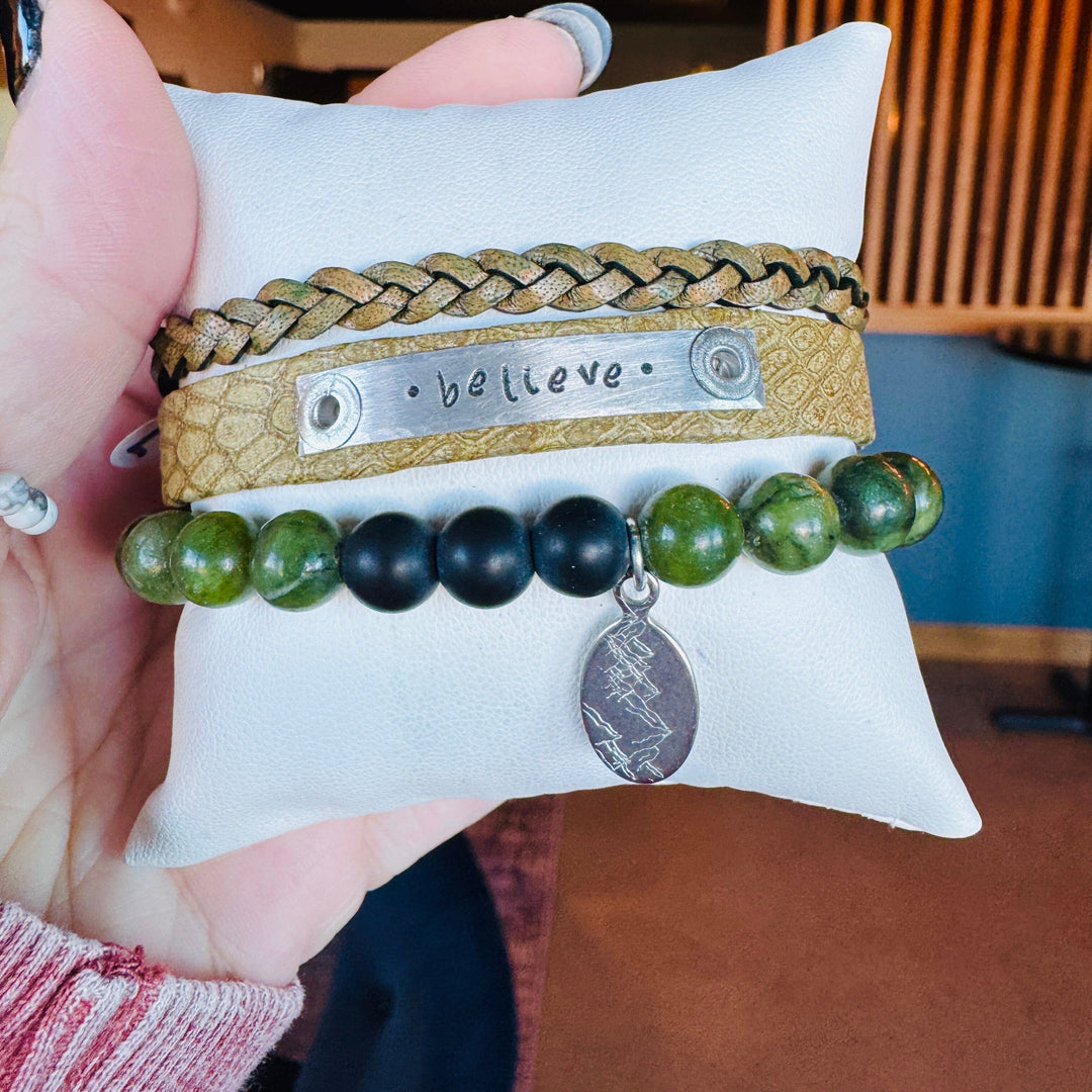BELIEVE | Nordic Green Leather Skinny Set | 3 pieces | Bracelets | Women Skinny Bracelets Create Hope Cuffs 