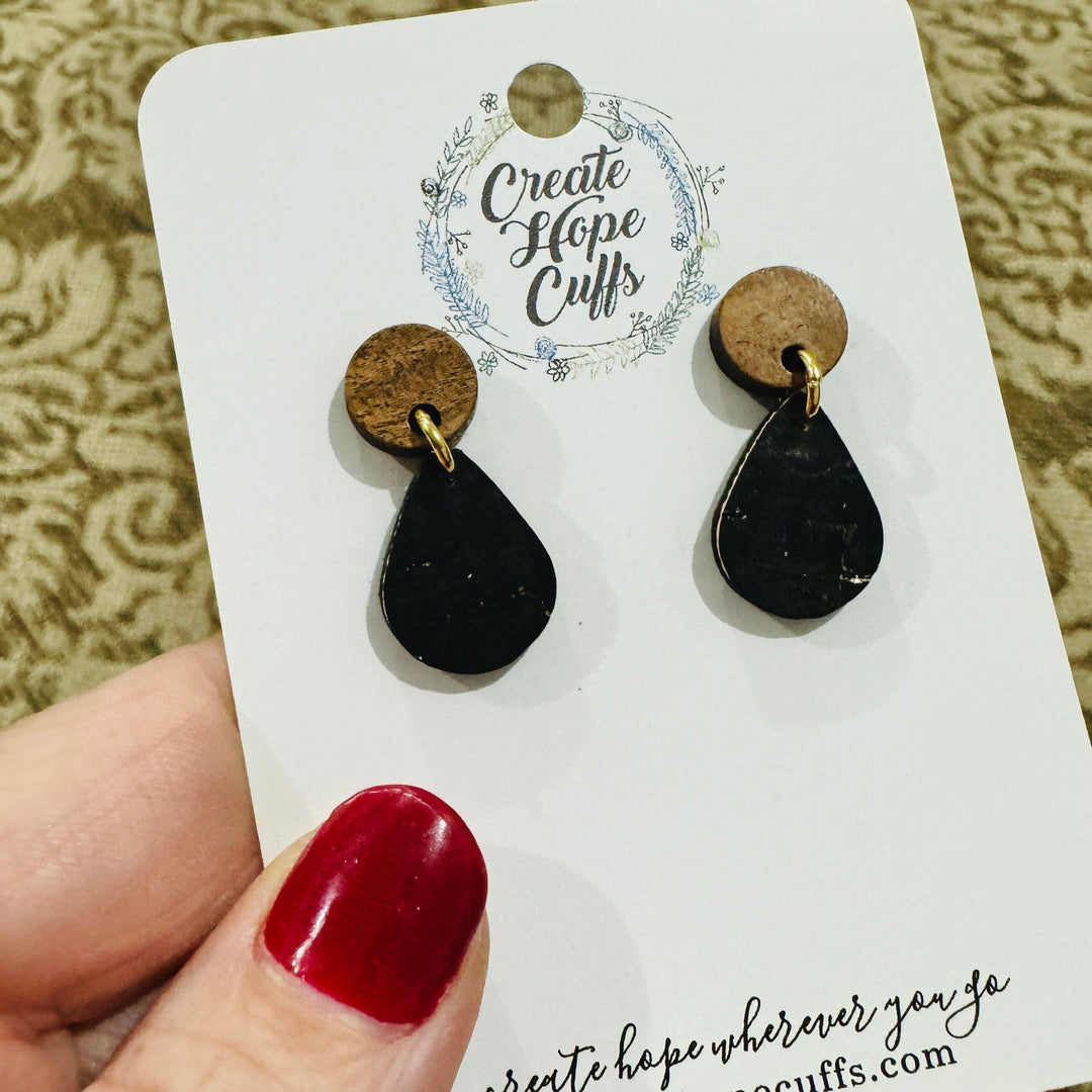 Black or Birch White | 1" Teeny Tiny Wood and Leather Earrings | Hypoallergenic | Women Leather Earrings Create Hope Cuffs Teeny Tiny Black with GOLD Hooks and Wood Stud 