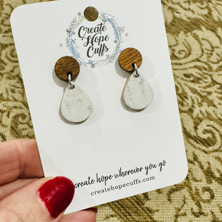 Black or Birch White | 1" Teeny Tiny Wood and Leather Earrings | Hypoallergenic | Women Leather Earrings Create Hope Cuffs Teeny Tiny White Birch with Wood Stud 