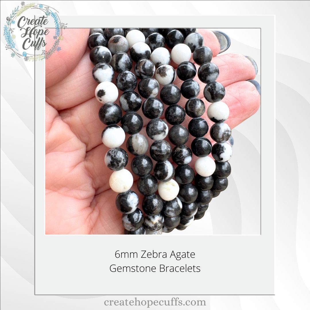 Black White Zebra Mix Bead Bracelet | 6mm | Gemstone | Women Bracelets Create Hope Cuffs 