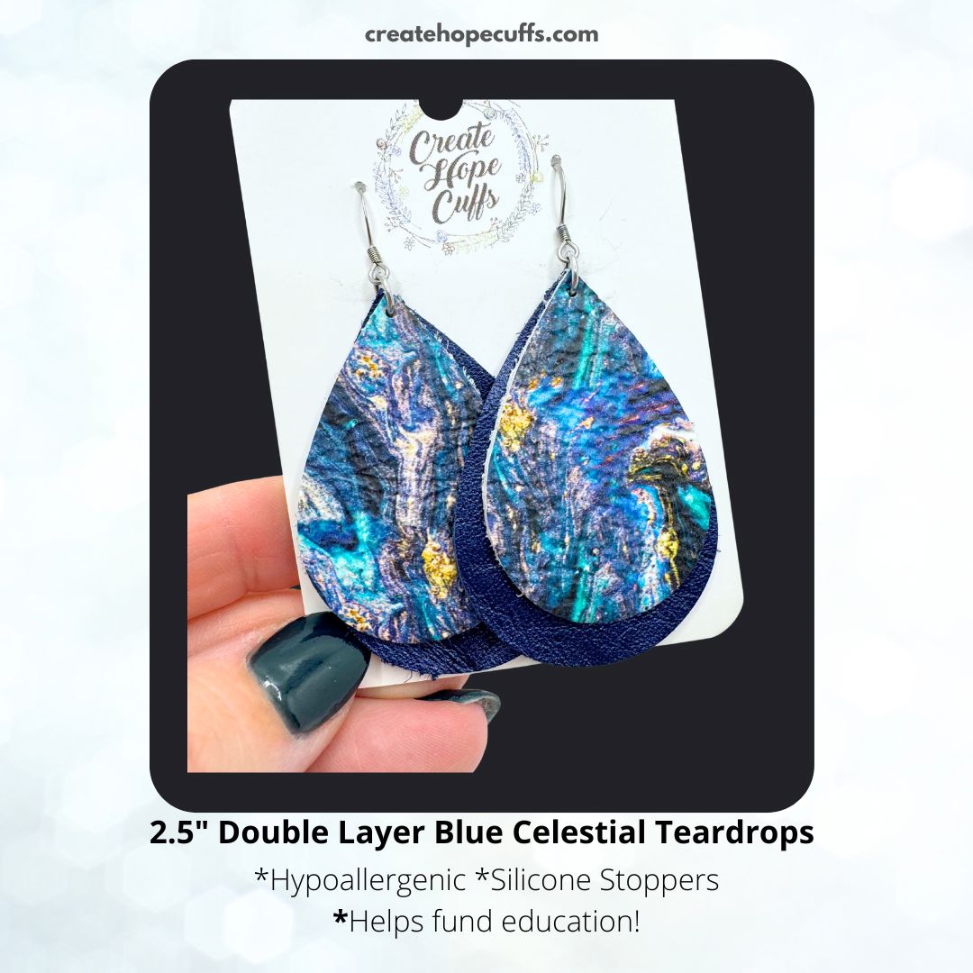 Blue Celestial Double Layer Teardrops | Leather Earrings | Hypoallergenic | Women Leather Earrings Create Hope Cuffs 