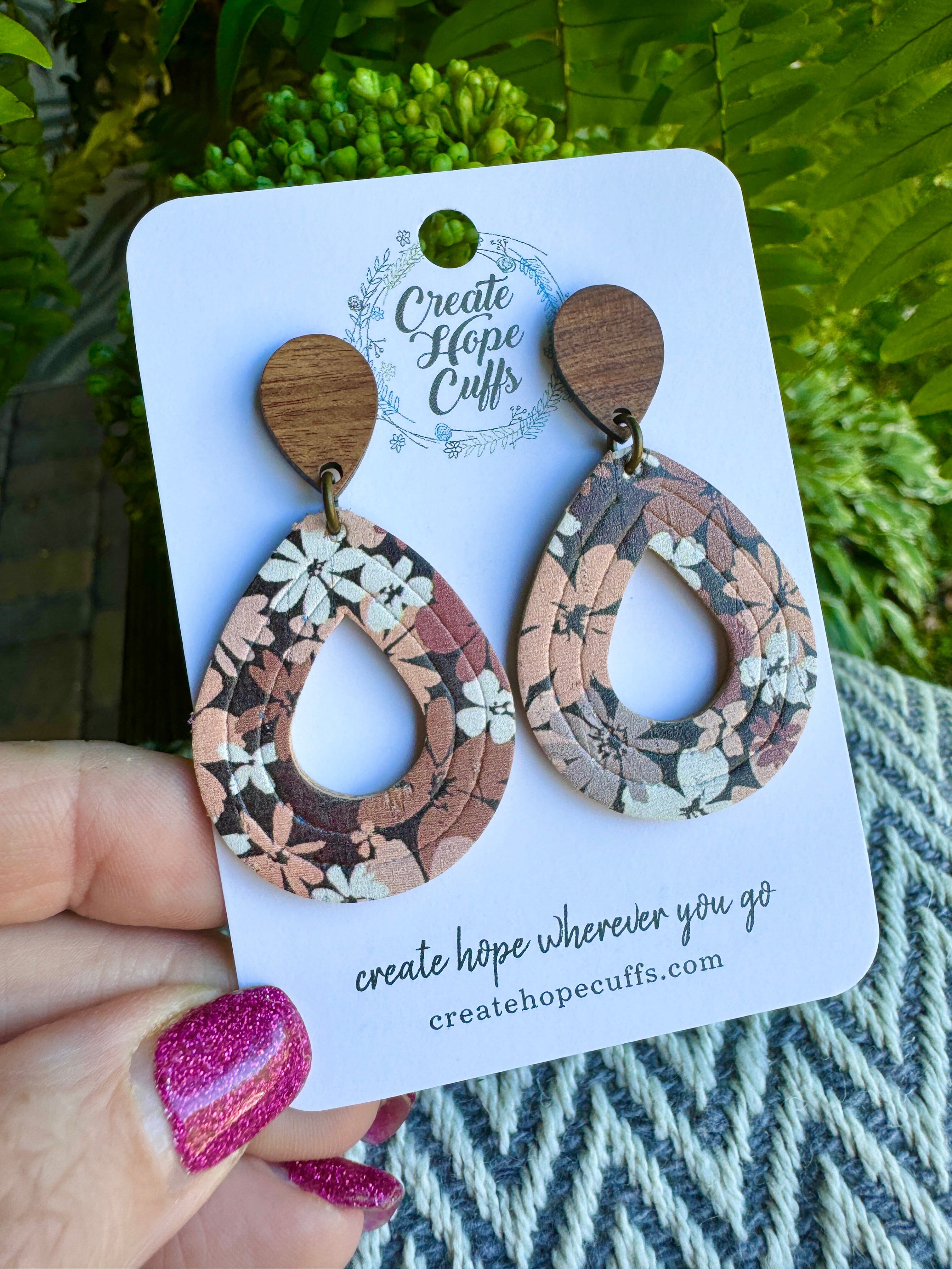 Brown Floral | 2" Open Teardrop Wood and Leather Earrings | Hypoallergenic | Women Leather Earrings Create Hope Cuffs Open Teardrop Wood Stud (larger pair) 