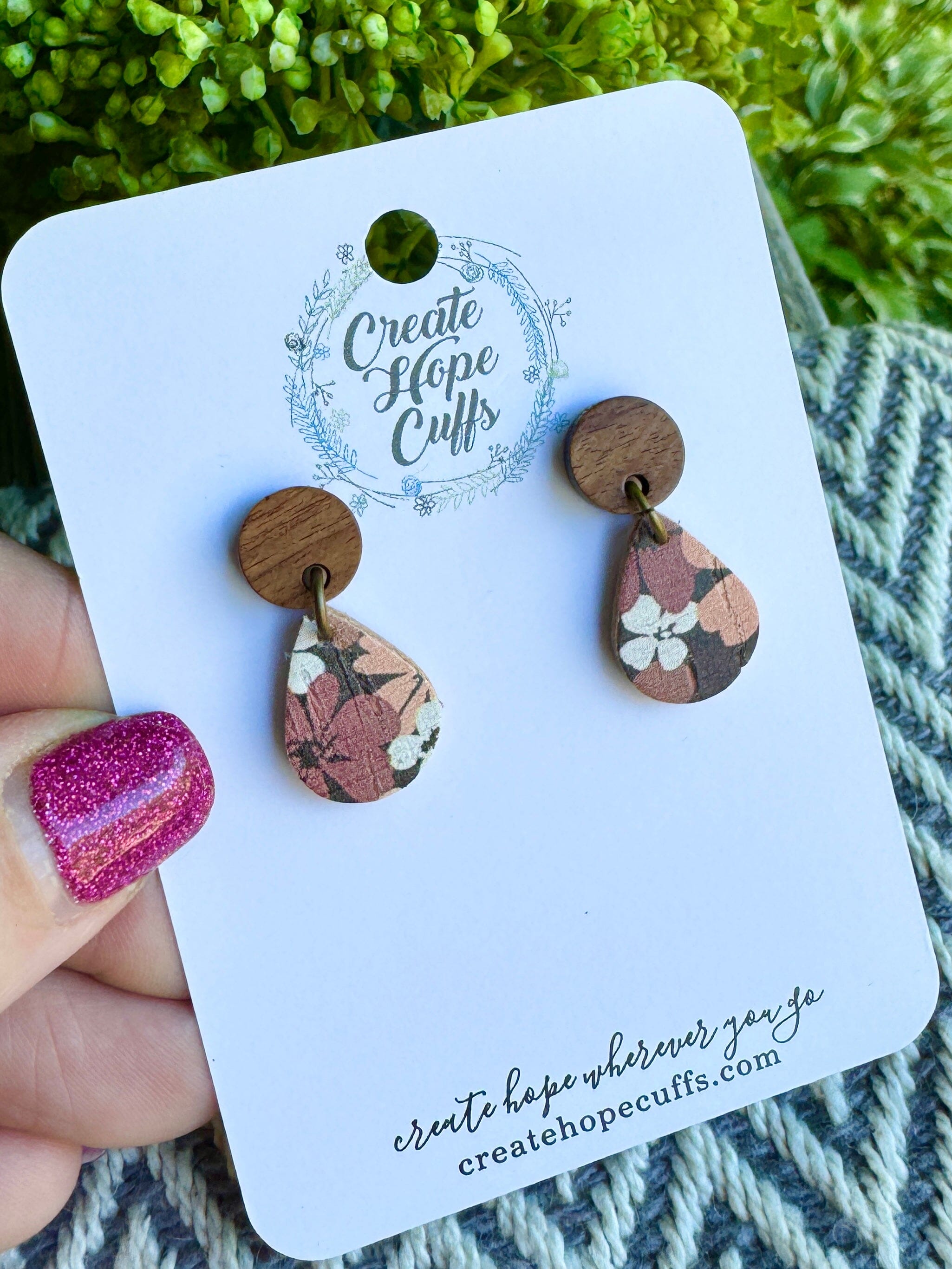 Brown Floral | 2" Open Teardrop Wood and Leather Earrings | Hypoallergenic | Women Leather Earrings Create Hope Cuffs Teeny Tiny Teardrop with Wood Stud 