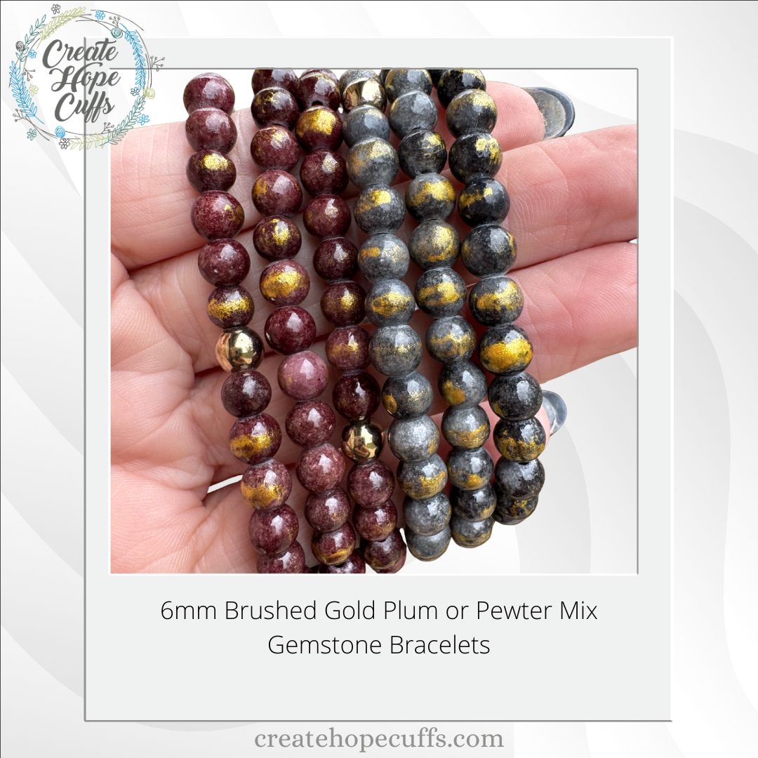 Brushed Bronze Plum or Pewter | Gemstone Bead Bracelets | 6mm Stone | Women Bracelets Create Hope Cuffs 