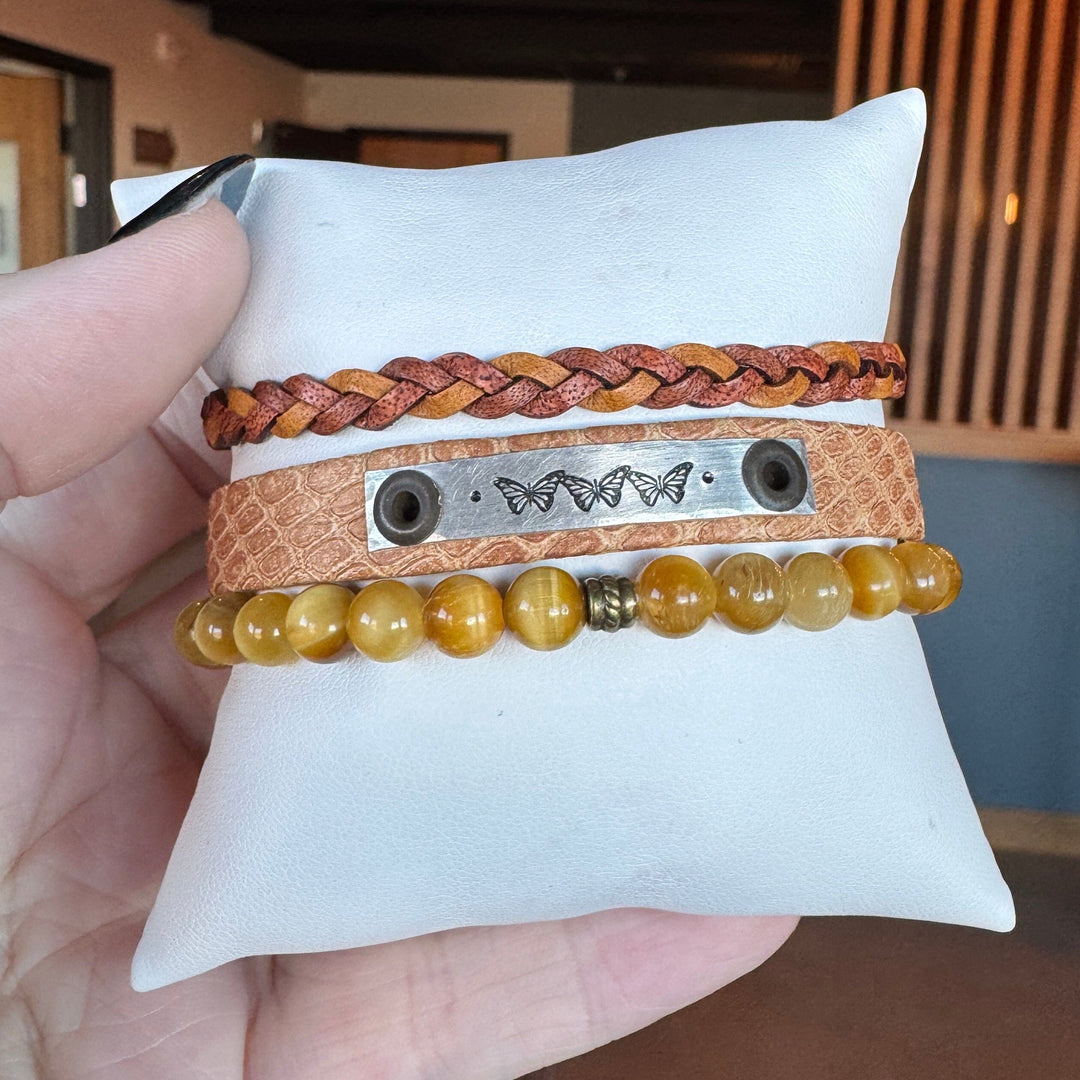 BUTTERFLIES | Camel Brown Leather Skinny Set | 3 pieces | Bracelets | Women Skinny Bracelets Create Hope Cuffs 