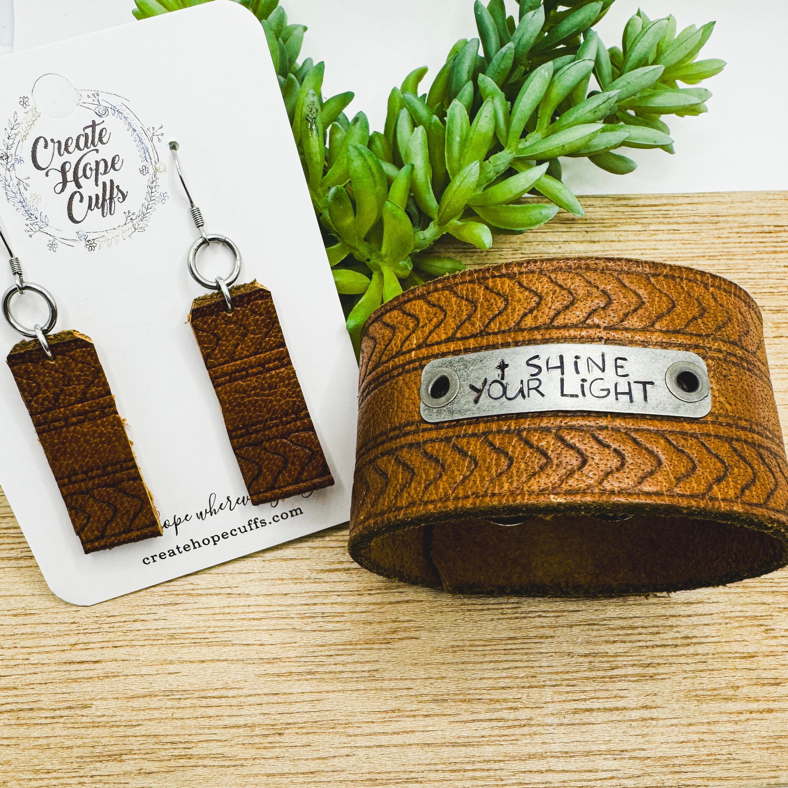 Chevron SHINE YOUR LIGHT | Brown Wide Leather OOAK | One of A Kind | Upcycled Cuff | Adjustable | Women Leather Cuff Create Hope Cuffs 