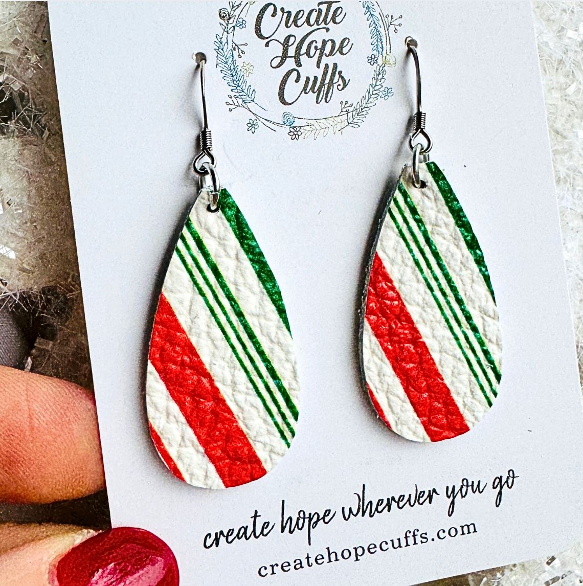 Christmas Holiday | 21 styles HERE | Earrings | Hypoallergenic | Women Leather Earrings Create Hope Cuffs Skinny Teardrop Peppermint Striped 