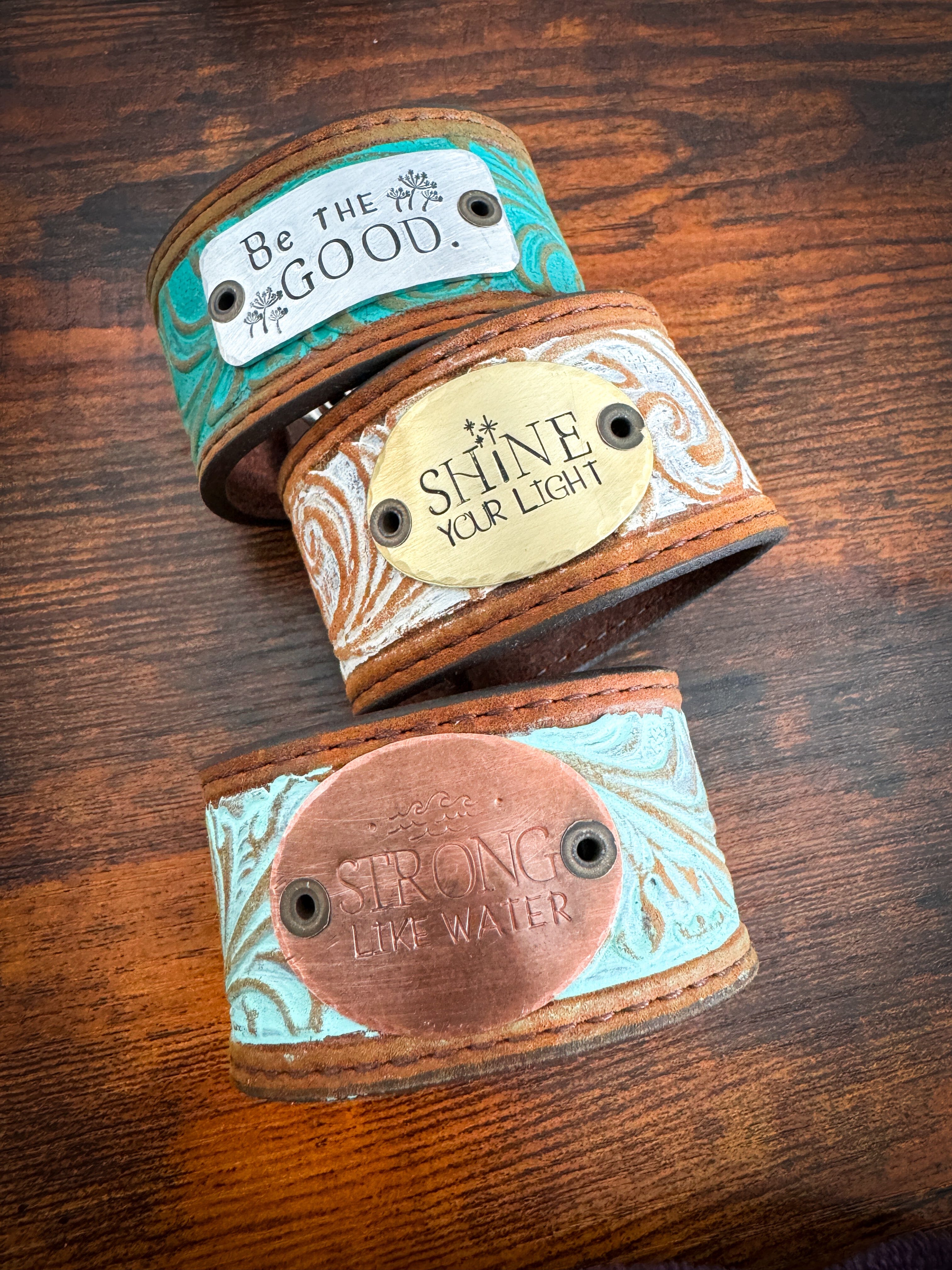 Copper STRONG LIKE WATER | Mint Brown Tooled Wide Leather OOAK | One of A Kind | Upcycled Cuff | Adjustable | Women Leather Cuff Create Hope Cuffs 