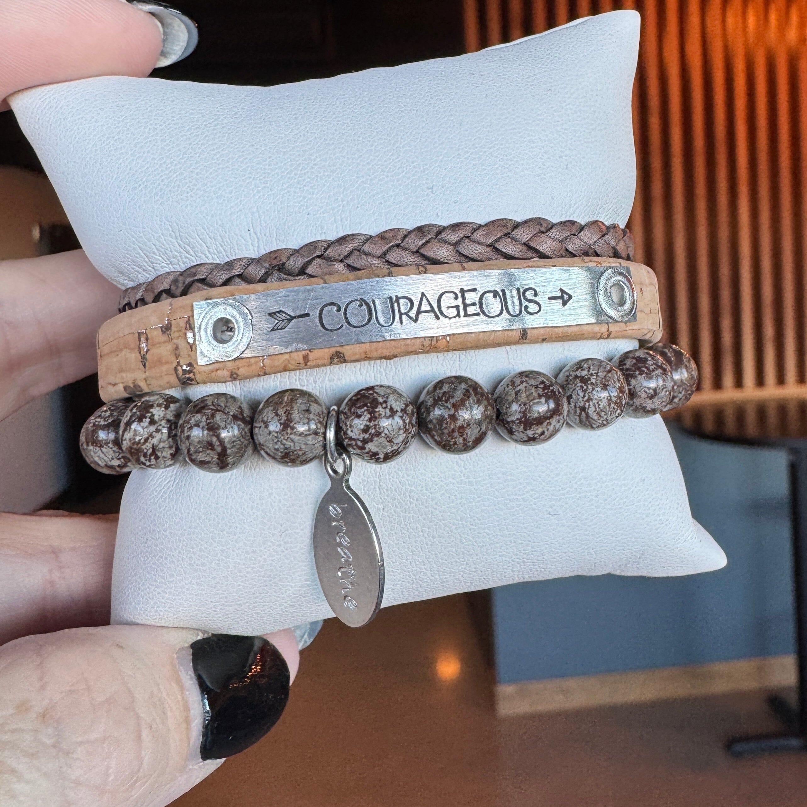 COURAGEOUS | Natural Silver Fleck Cork Skinny Set | 3 pieces | Bracelets | Women Skinny Bracelets Create Hope Cuffs 