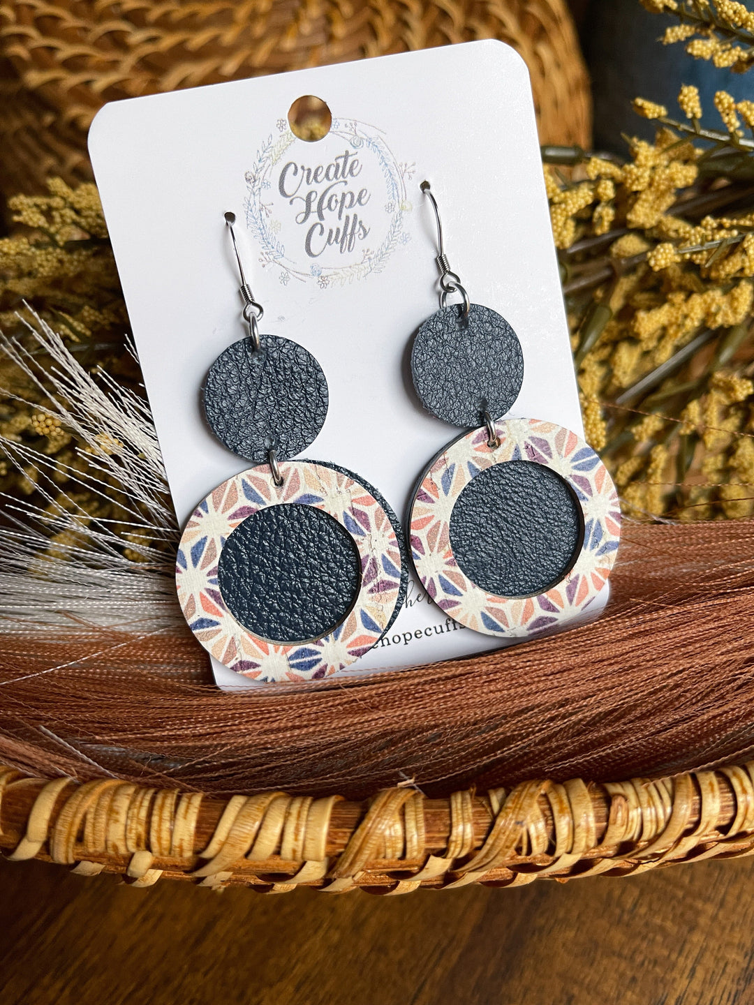 Cracked Abstract Navy | 2 Styles | Circle Leather Earrings | Hypoallergenic | Women Leather Earrings Create Hope Cuffs 