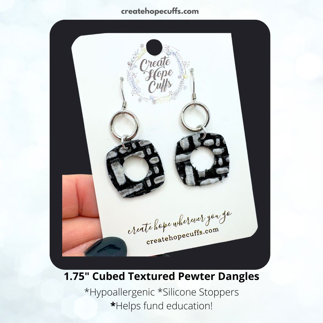 Cubed Textured Pewter Dangles | Leather Earrings | Hypoallergenic | Women Leather Earrings Create Hope Cuffs 