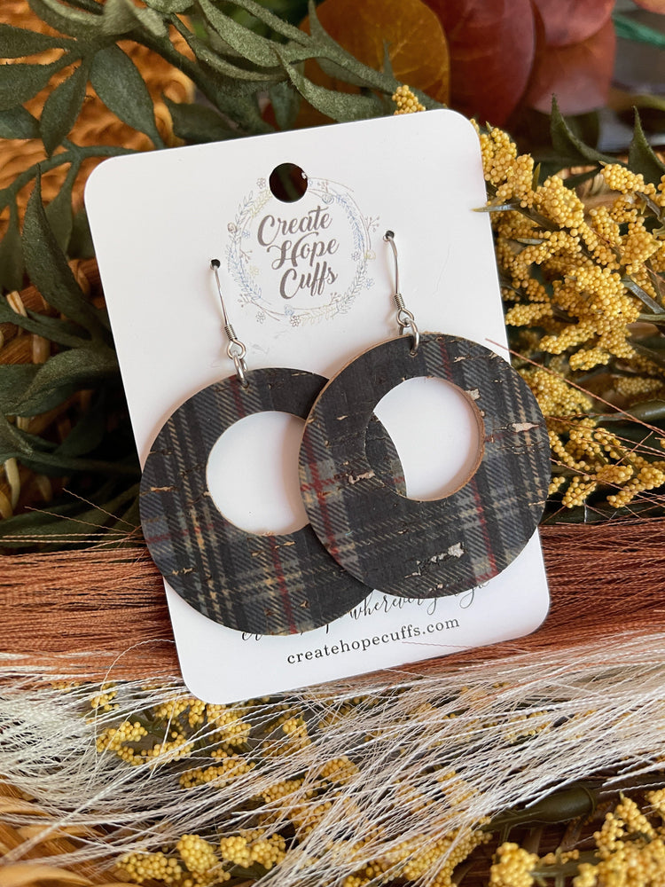 Dark Charcoal Plaid | 2 Styles | 2" Circle Leather Earrings | Hypoallergenic | Women Leather Earrings Create Hope Cuffs 