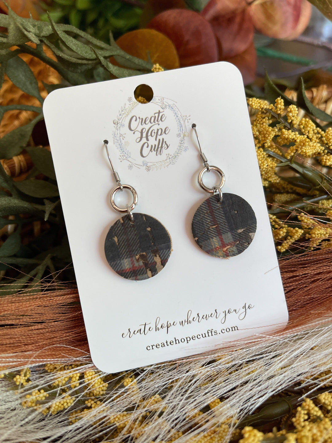 Dark Charcoal Plaid | 2 Styles | 2" Circle Leather Earrings | Hypoallergenic | Women Leather Earrings Create Hope Cuffs 