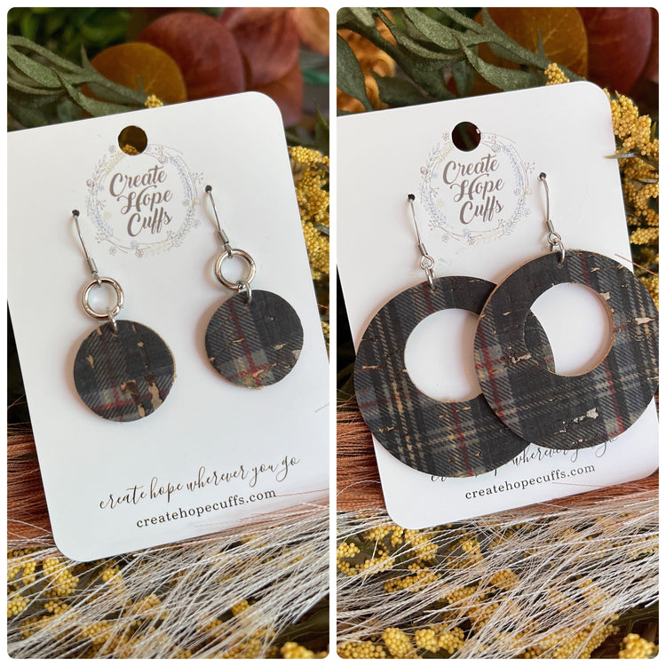 Dark Charcoal Plaid | 2 Styles | 2" Circle Leather Earrings | Hypoallergenic | Women Leather Earrings Create Hope Cuffs Choose Your Size 