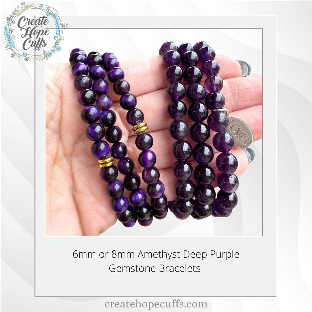 Deep Purple Amethyst Bead Bracelet | 6mm or 8mm | Natural Gemstone