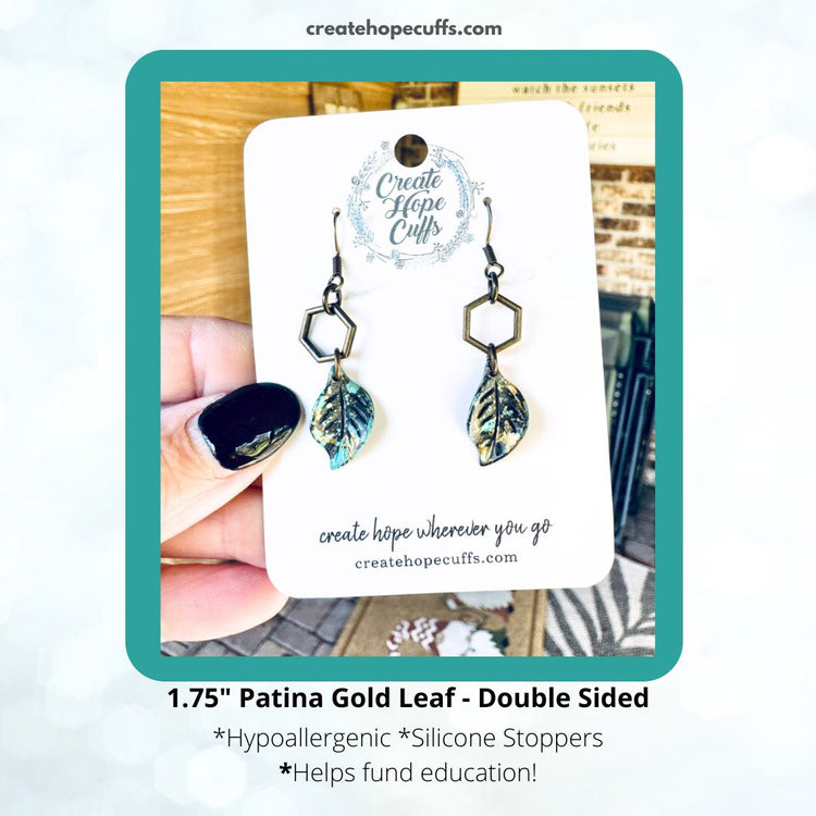 Double Sided Patina Gold Leaves | Leather and Metal Earrings | Hypoallergenic | Women Leather Earrings Create Hope Cuffs 