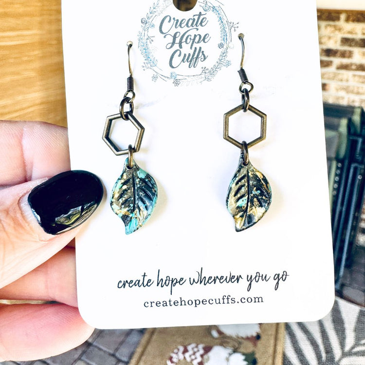 Double Sided Patina Gold Leaves | Leather and Metal Earrings | Hypoallergenic | Women Leather Earrings Create Hope Cuffs 