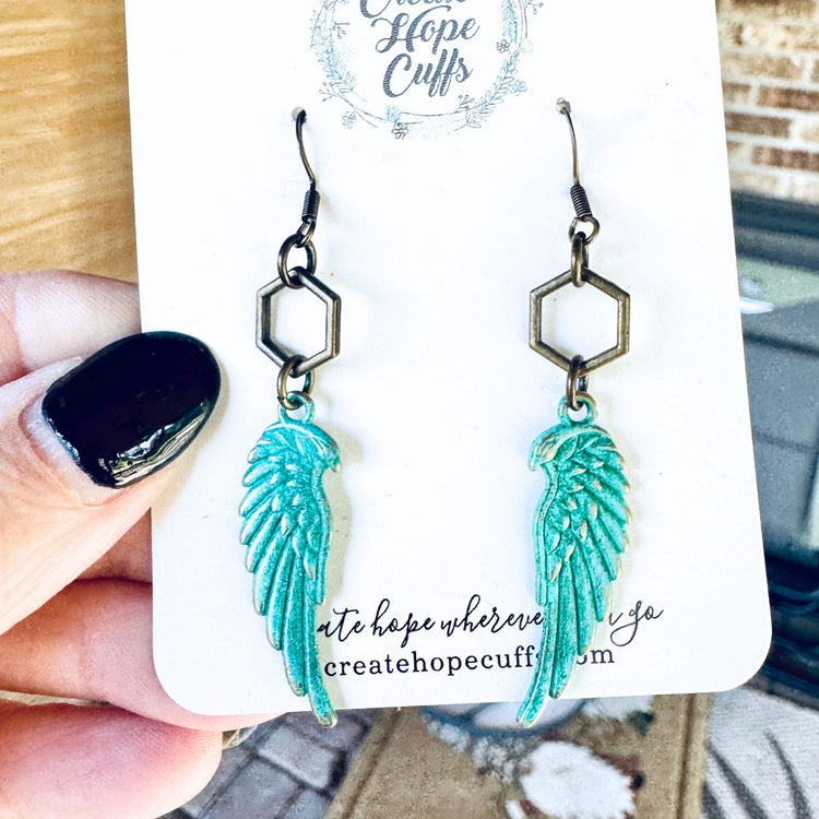 Double Sided Patina Wings | Leather and Metal Earrings | Hypoallergenic | Women Leather Earrings Create Hope Cuffs 