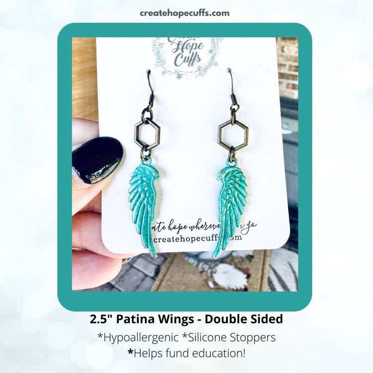 Double Sided Patina Wings | Leather and Metal Earrings | Hypoallergenic | Women Leather Earrings Create Hope Cuffs 