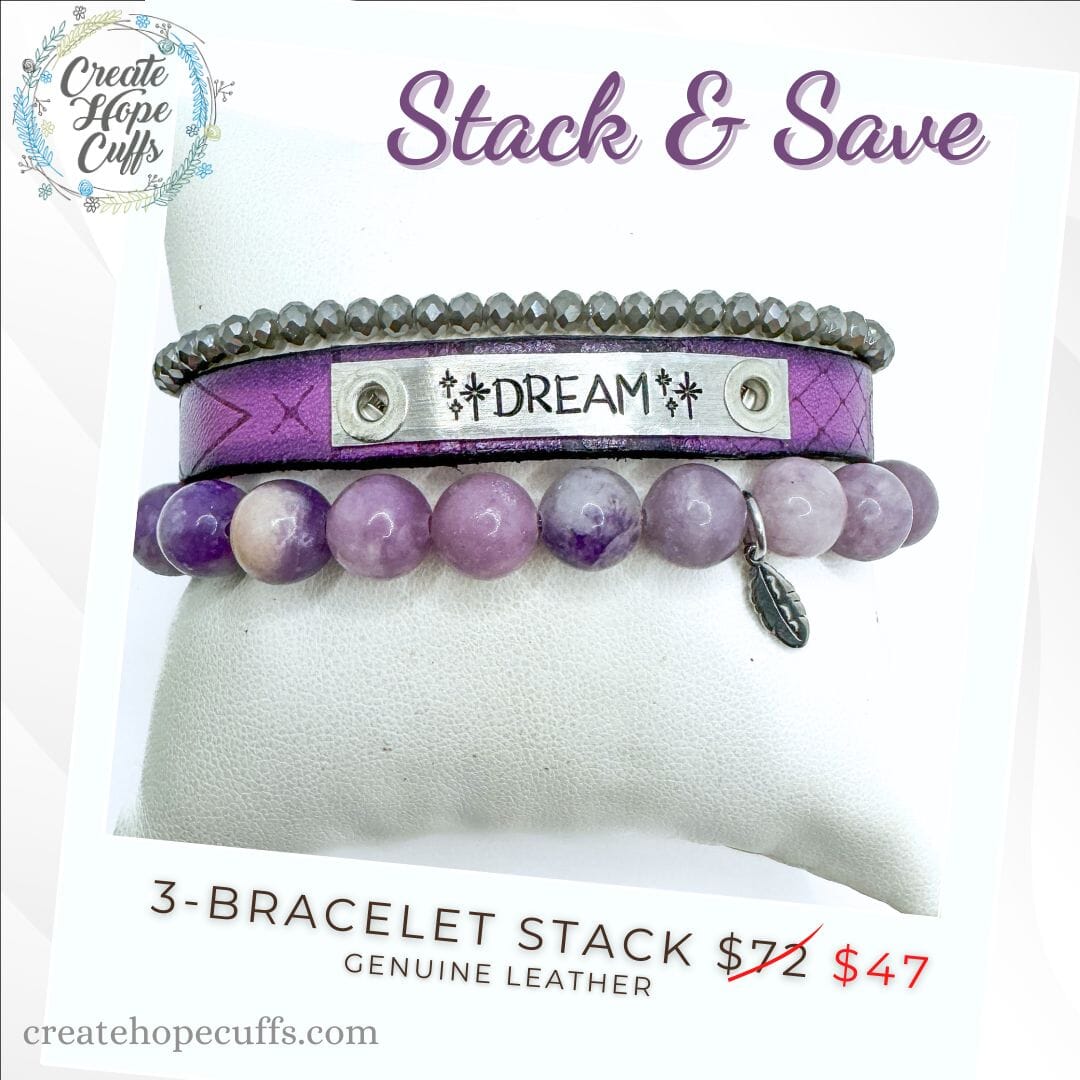 DREAM Purple Stack | Skinny Leather Stack Set | 3 pieces | Bracelets | Womens Skinny Bracelets Create Hope Cuffs 