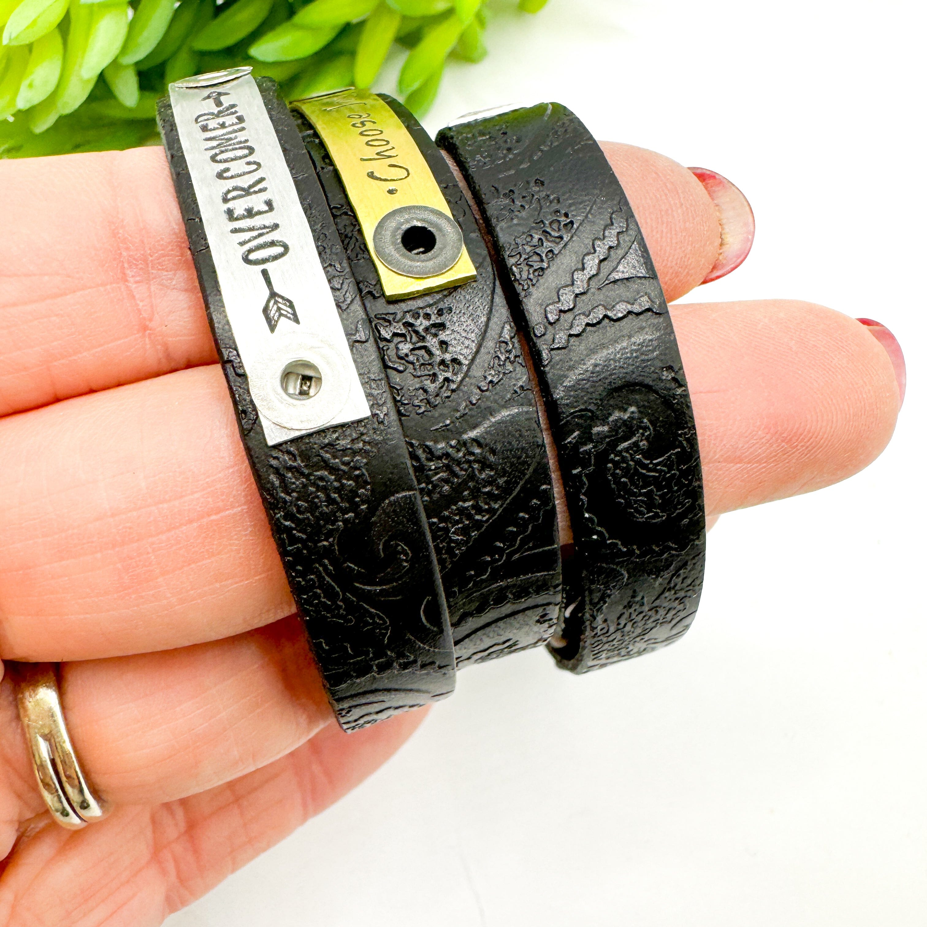 Embossed Black | 3 Phrases | Leather Skinny Bracelet | Adjustable Skinny Bracelets Create Hope Cuffs 