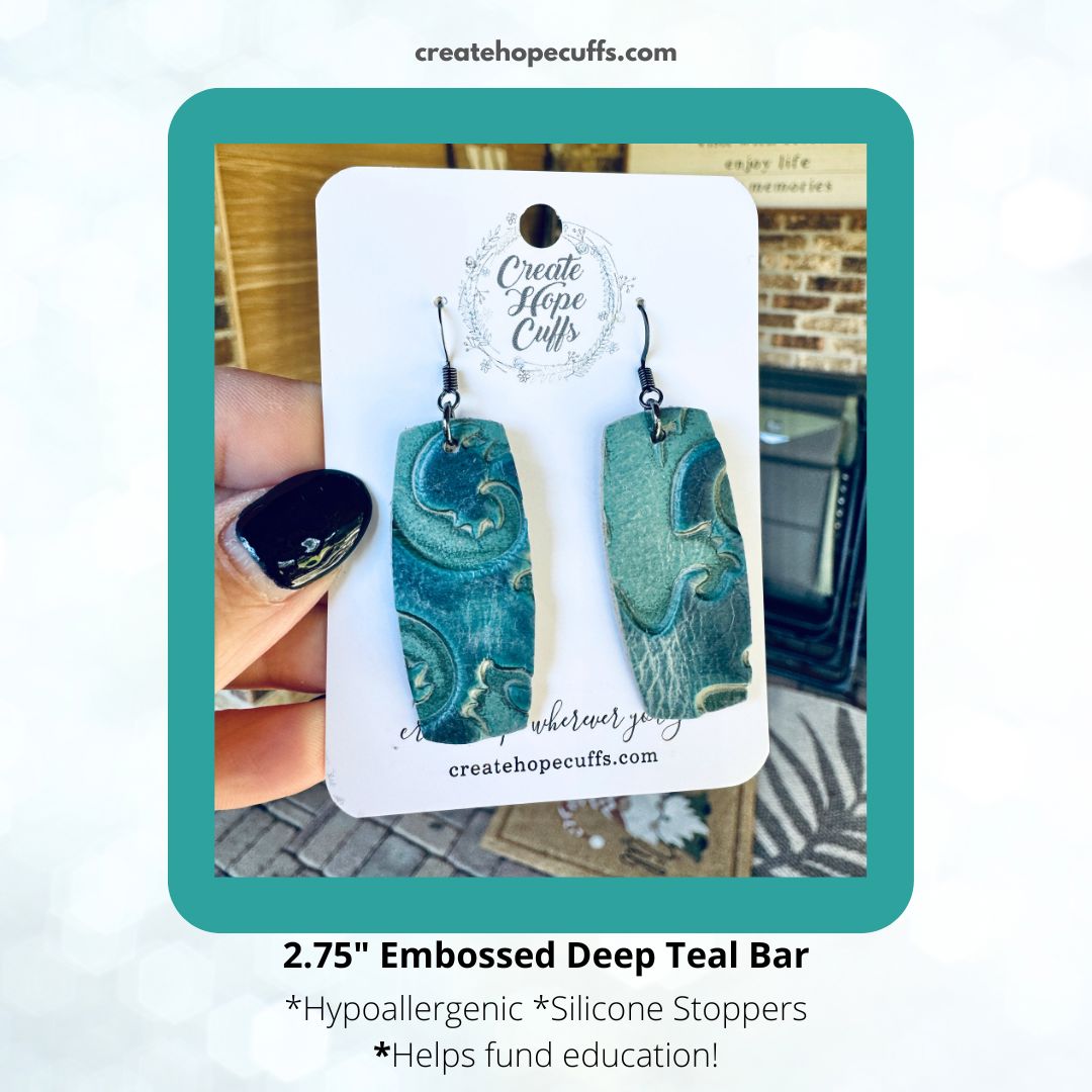 Embossed Deep Teal Bar | Leather Earrings | Hypoallergenic | Women Leather Earrings Create Hope Cuffs 