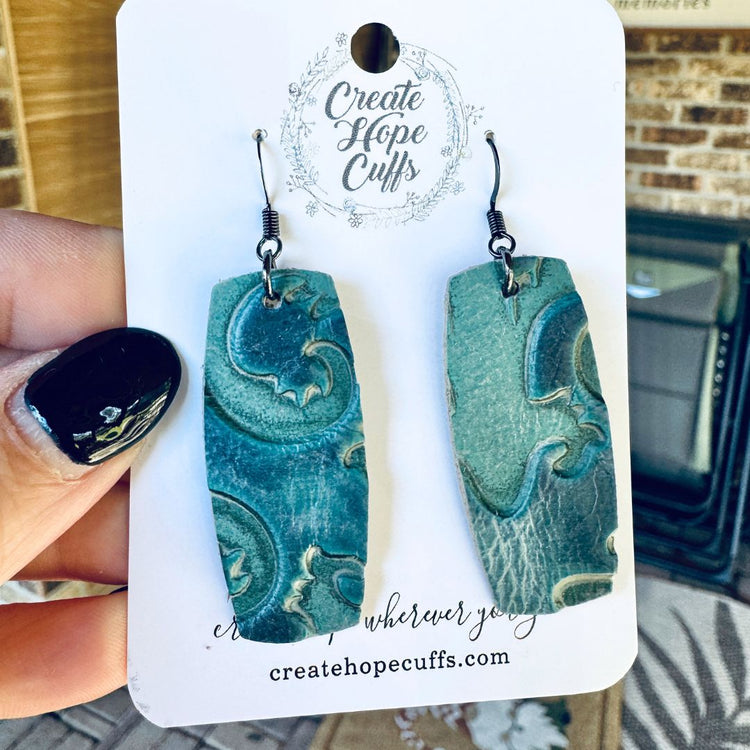Embossed Deep Teal Bar | Leather Earrings | Hypoallergenic | Women Leather Earrings Create Hope Cuffs 