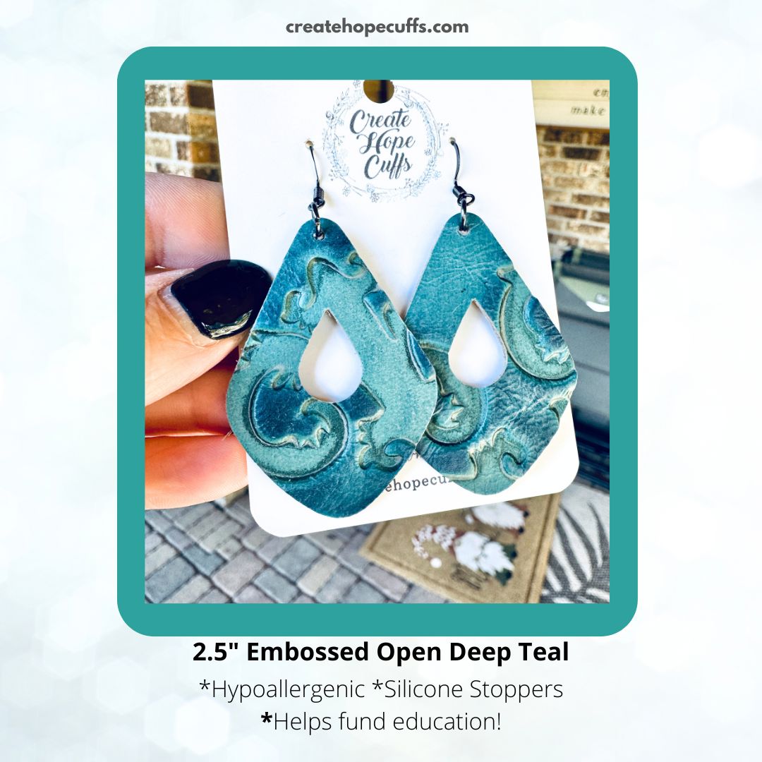 Embossed Open Deep Teal Teardrops | Leather Earrings | Hypoallergenic | Women Leather Earrings Create Hope Cuffs 