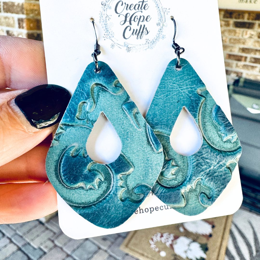 Embossed Open Deep Teal Teardrops | Leather Earrings | Hypoallergenic | Women Leather Earrings Create Hope Cuffs 