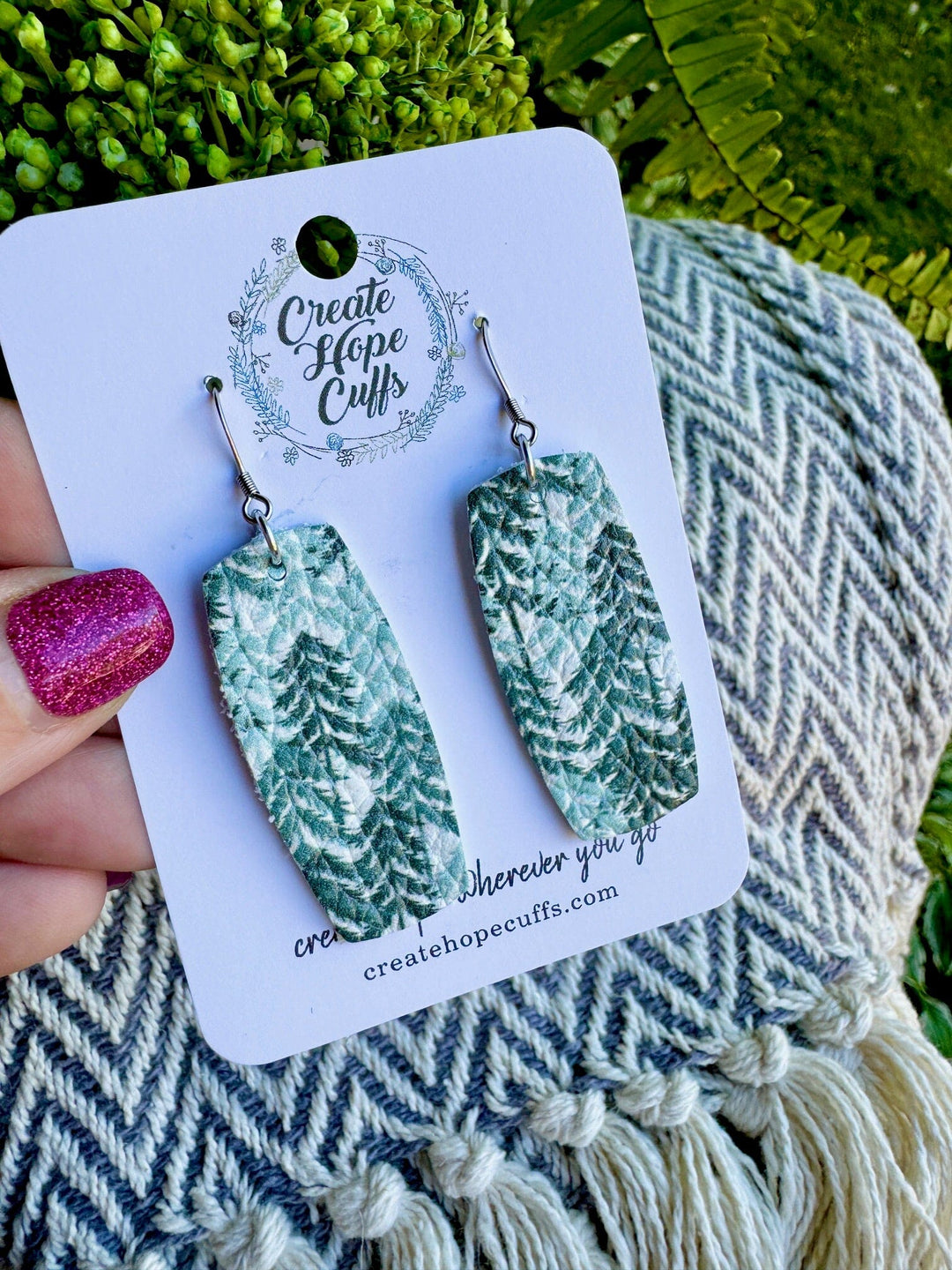 Evergreen Forest | 2 Styles | 2.5" Bar Leather Earrings | Hypoallergenic | Women Leather Earrings Create Hope Cuffs NO Wood Triangle 