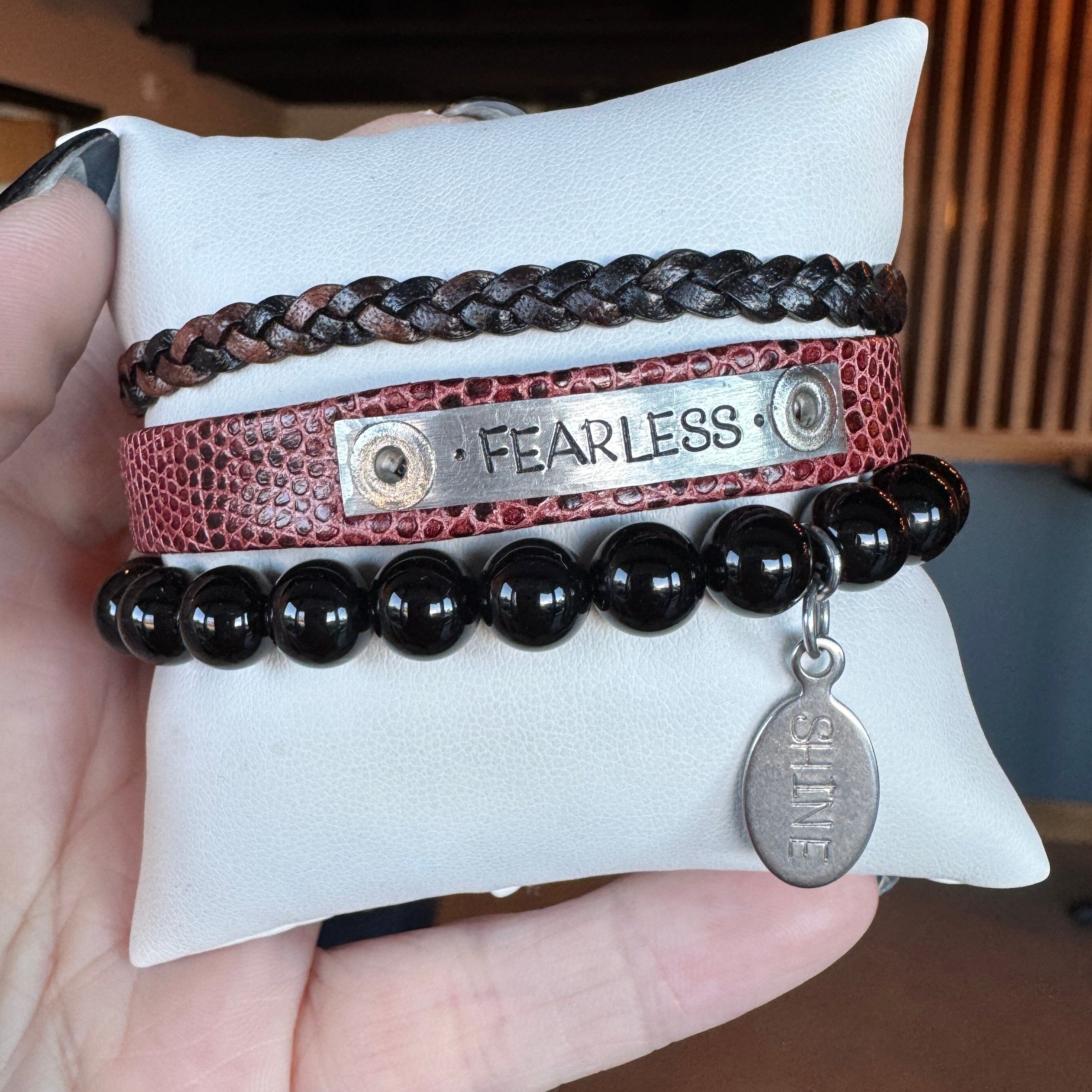 FEARLESS | Maroon Lizard Leather Skinny Set | 3 pieces | Bracelets | Women Skinny Bracelets Create Hope Cuffs 