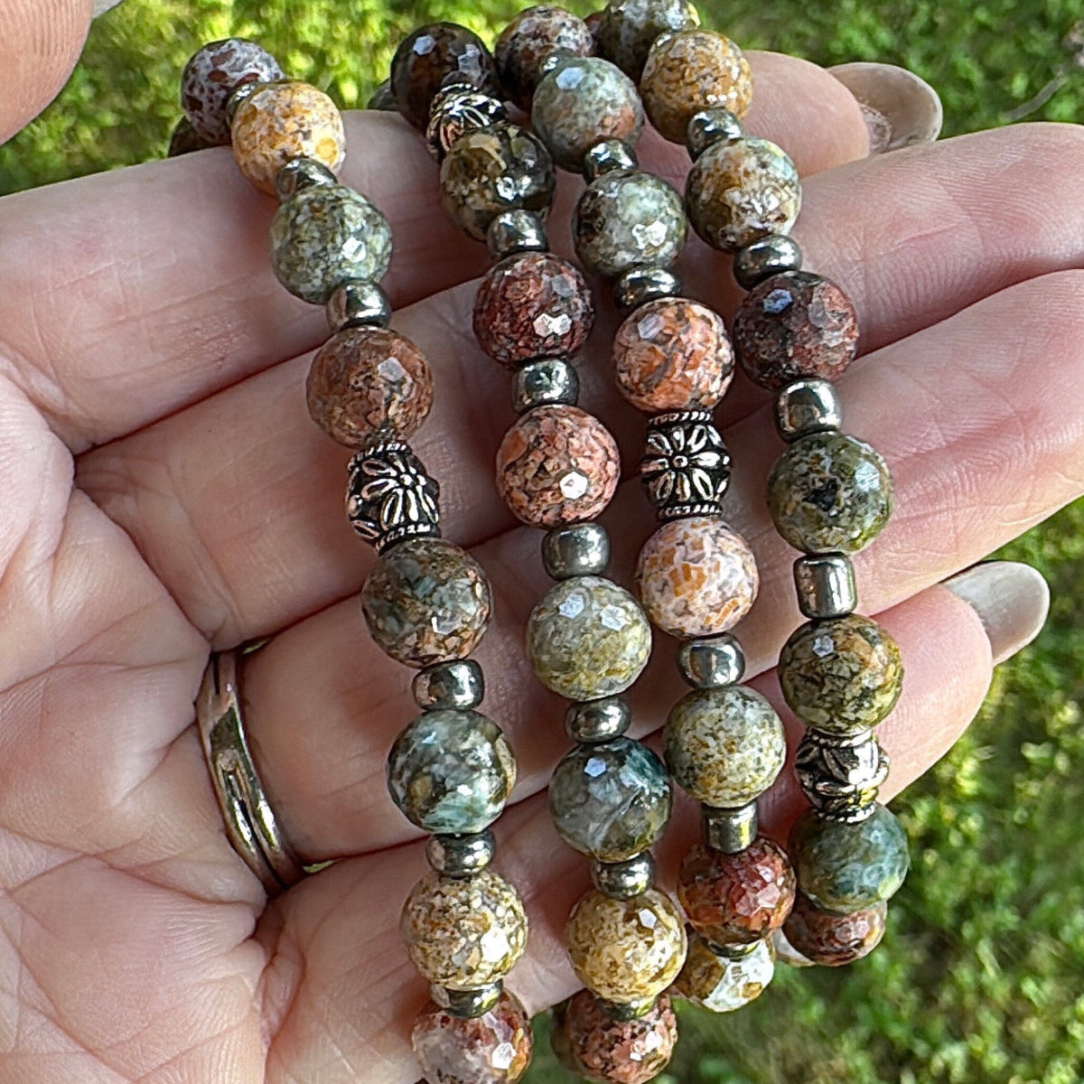 Flower Ocean Jasper Agate | Gemstone Bead Bracelets | 8mm Stone | Women Bracelets Create Hope Cuffs Pewter Accents 
