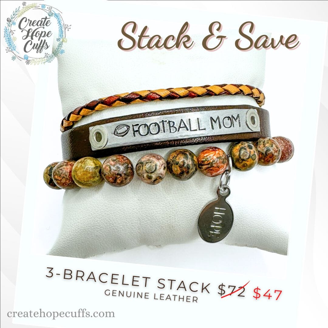 FOOTBALL MOM Coral Stack | Skinny Leather Stack Set | 3 pieces | Bracelets | Womens Skinny Bracelets Create Hope Cuffs 